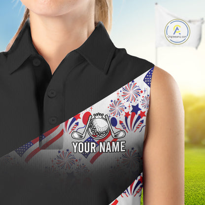 Close-up of America 250th Anniversary womens sleeveless golf polo shirt collar and buttons