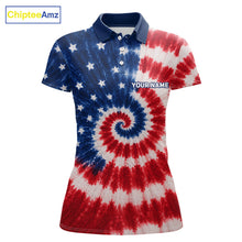 Load image into Gallery viewer, Front view of American flag tie dye womens golf polo shirt with custom name on the chest