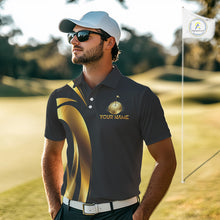 Load image into Gallery viewer, Man wearing a personalized black and golf golf pattern golf shirt on a golf course with custom name on the chest