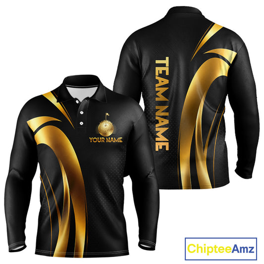 Front view of Black and Gold mens long sleeve golf polo shirt with custom golf clubs design