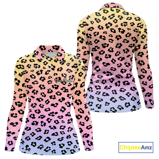 Womens Golf Polo Shirts Custom Colorful Neon Gradient Leopard Pattern Team Womens Golf Top, Golf Gifts NBT493