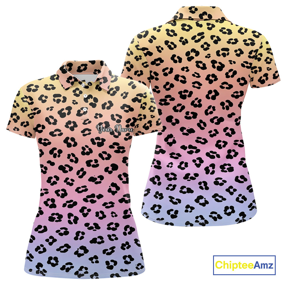 Womens Golf Polo Shirts Custom Colorful Neon Gradient Leopard Pattern Team Womens Golf Top, Golf Gifts NBT493