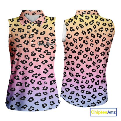 Womens Sleeveless Golf Polo Shirts Custom Colorful Neon Gradient Leopard Pattern Team Womens Golf Top, Golf Gifts NBT493