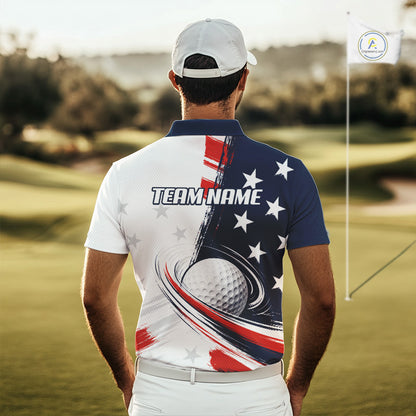 Man wearing a personalized white golf polo men shirt custom team name with American flag 4th July polo shirt on a golf course