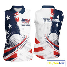Load image into Gallery viewer, Personalized white sleeveless golf polo shirt for women with American Flag 4th July design - front and back view