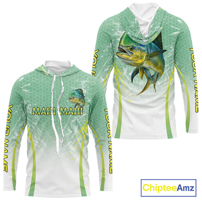 Mahi Mahi Fishing Shirt Long Sleeve Hooded Green Camo, Saltwater Fishing Shirts For Men NBT405
