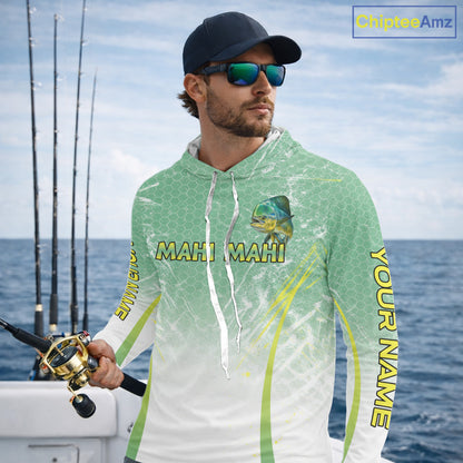Mahi Mahi Fishing Shirt Long Sleeve Hooded Green Camo, Saltwater Fishing Shirts For Men NBT405