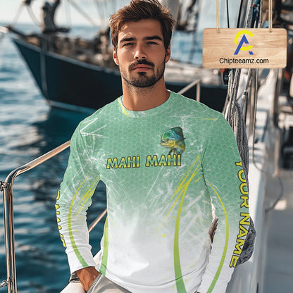 Mahi Mahi Fishing Shirts Long Sleeve Green Camo, Saltwater Fishing Shirts For Men NBT405