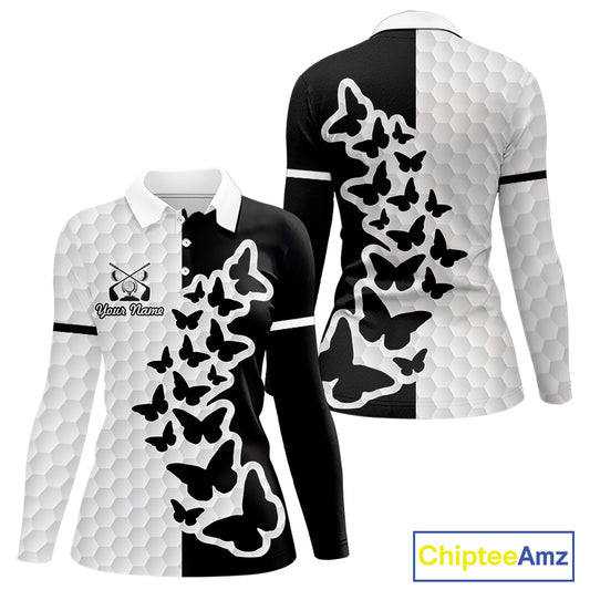 Black And White Butterfly Womens Golf Polo Shirt Custom Name White Golf Shirts, Golf Attire NBT595