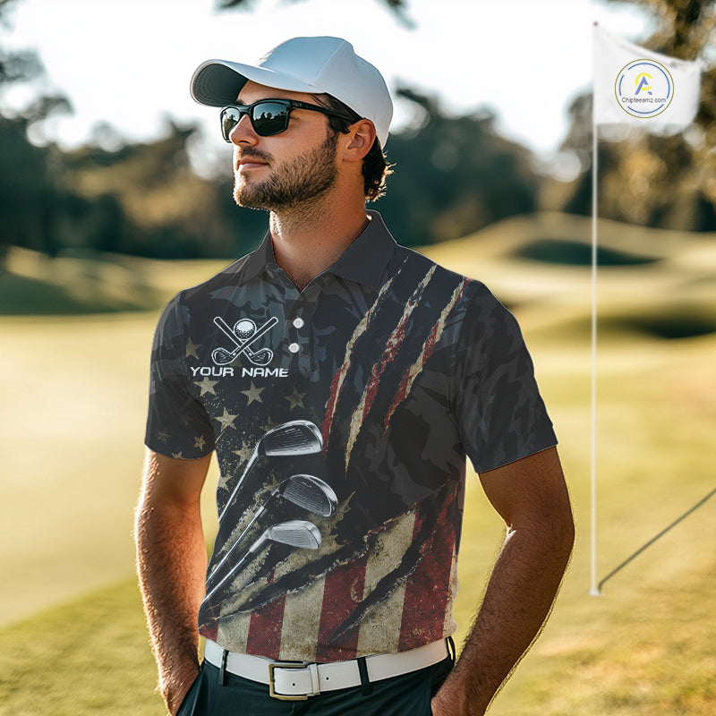 Man wearing American Flag Golf Clubs Camo Mens Polo Shirt Front View