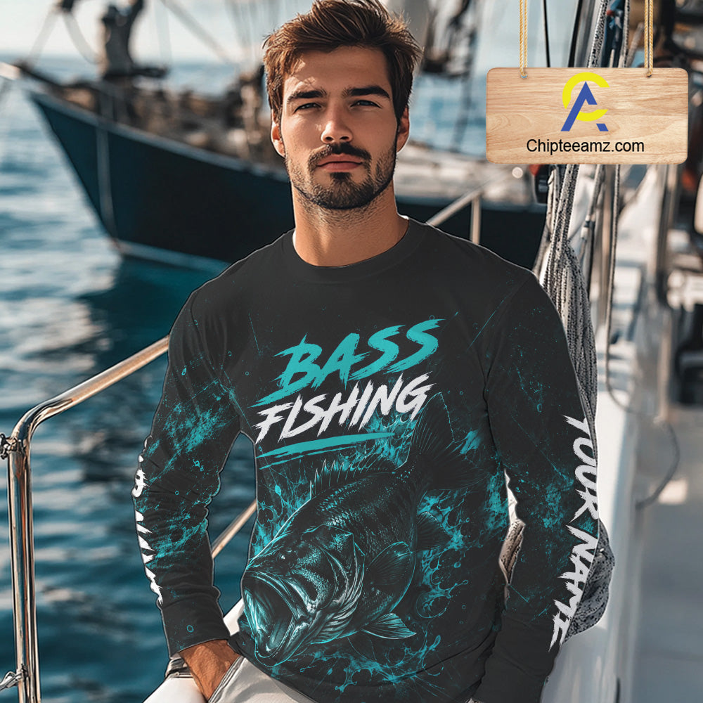 Angler wearing personalized neon camo bass fishing long sleeve shirt on the boat
