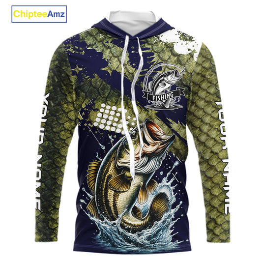 Custom Bass Fishing Green Bass Scales Hooded Fishing Shirts For Men, Bass Fishing Shirts NBT470