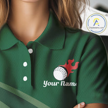 Load image into Gallery viewer, close up funny golf balls pattern on womens green golf polo shirt for ladies