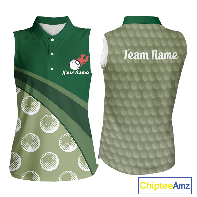 front view of funny golf balls pattern womens sleeveless green golf polo shirt for ladies