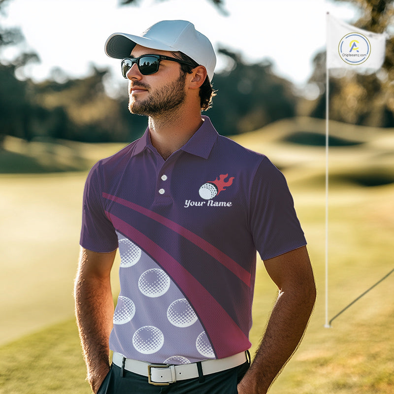 Funny Golf Balls Pattern Mens Golf Polo Shirts Custom Name Golf Apparel For Men | Purple NBT742
