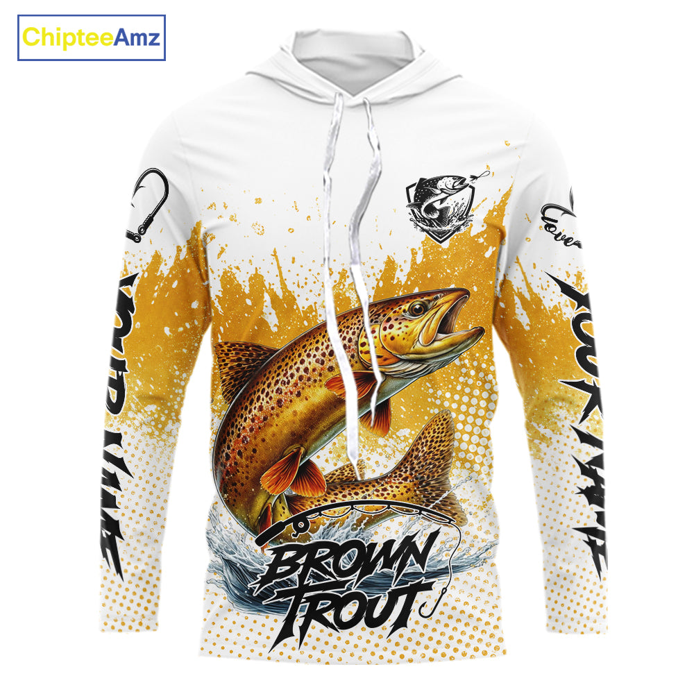 Custom Brown Trout Long Sleeve Hooded Fishing Shirts Yellow Camo Fishing Lures, Custom Fishing Jerseys NBT377