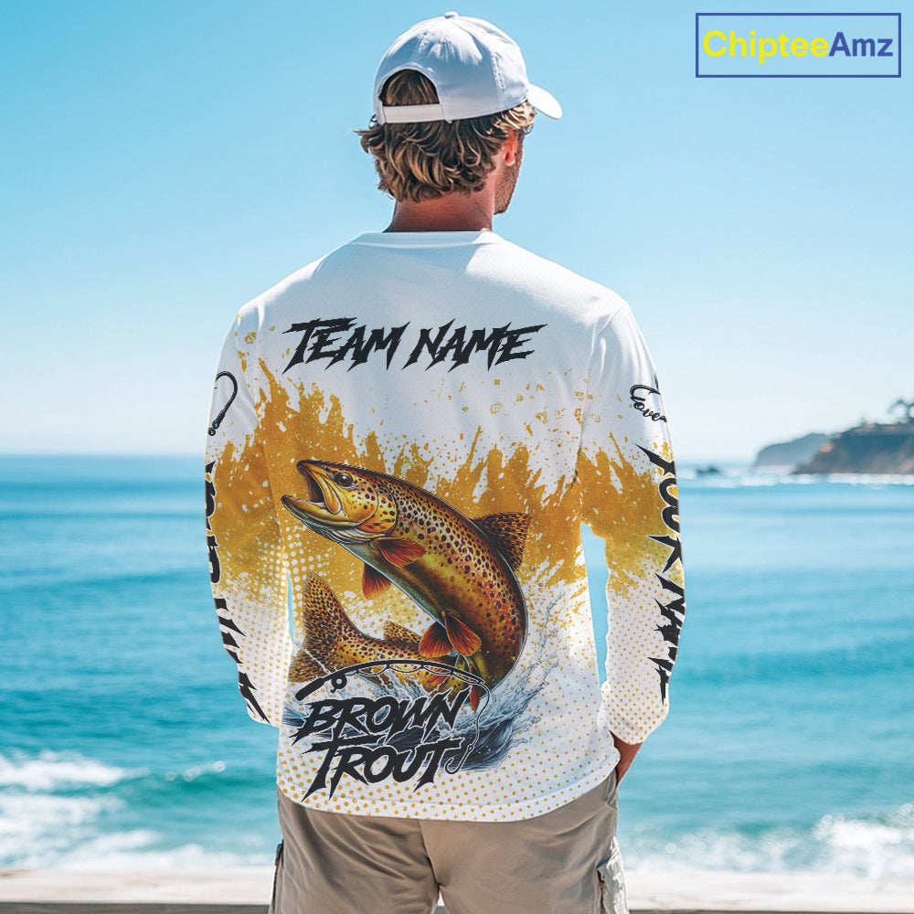 Custom Brown Trout Long Sleeve Fishing Shirts Yellow Camo Fishing Lures, Custom Fishing Jerseys NBT377