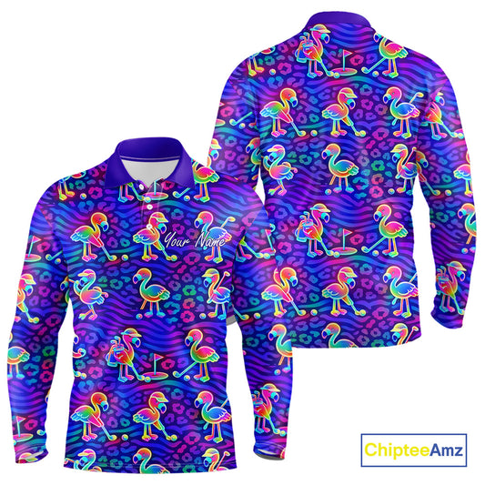 Colorful Neon Rainbow Leopard Flamingo Pattern Mens Polo Shirts, Custom Flamingo Golf Shirts NBT507