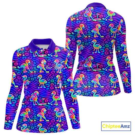 Colorful Neon Rainbow Leopard Flamingo Pattern Womens Polo Shirts, Custom Flamingo Golf Shirts NBT507