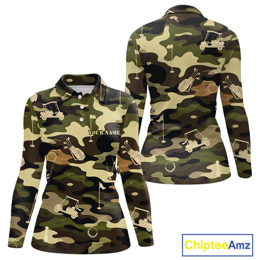 Green Camo Womens Golf Polo Shirts Custom Golf Attire For Ladies, Personalized Golfer Gifts NBT626