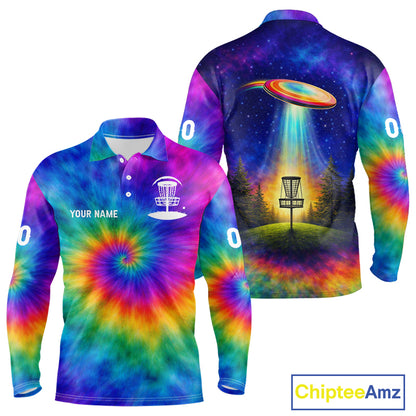 Mens Disc Golf Polo Shirts with Colorful Tie Dye Background Custom Disc Golf Team Shirt, Disc Golf Gift NBT657