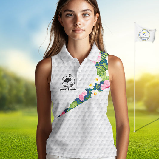 Funny Womens Sleeveless Golf Polo Shirt Custom Tropical Flamingo Pattern White Golf Shirts NBT521
