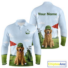 Load image into Gallery viewer, Golf-themed long-sleeve shirt with a dog on a golf course, customizable with 'Your Name' 