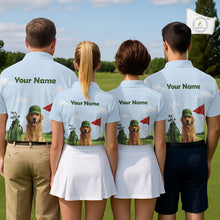 Load image into Gallery viewer, Four people wearing matching golf-themed shirts with a dog and golf club graphic on a golf course.
