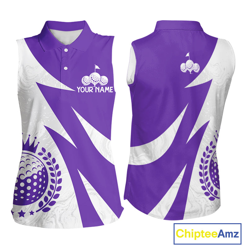 Womens Sleeveless Golf Polo Shirts Custom Name Purple And White Golf Shirt, Golf Attire NBT670