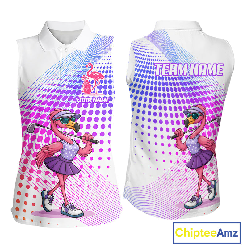 Custom Name Funny Flamingo Womens Sleeveless Golf Polo Shirts, Golf Gifts For Ladies, Flamingo Lovers NBT540