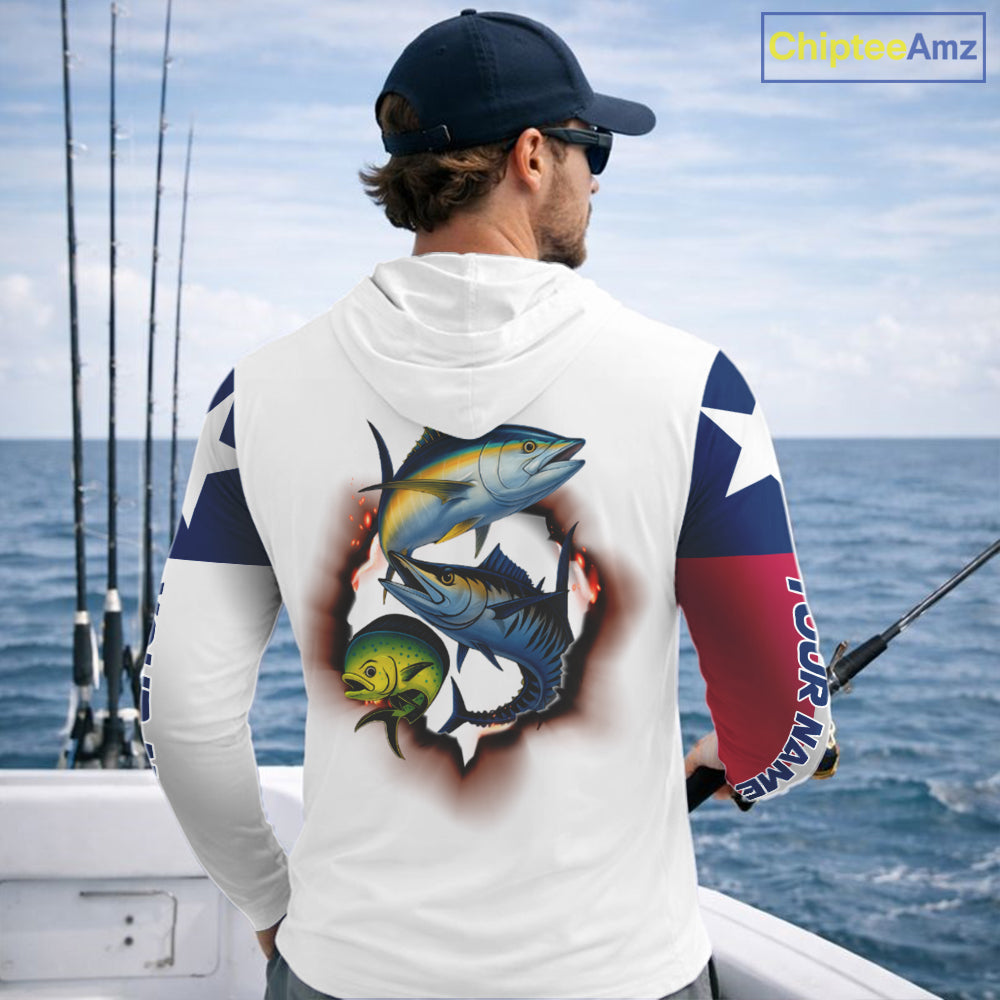 Personalized Texas Flag Mahi Mahi, Wahoo, Tuna Performance Long Sleeve Hooded Fishing Shirts NBT690