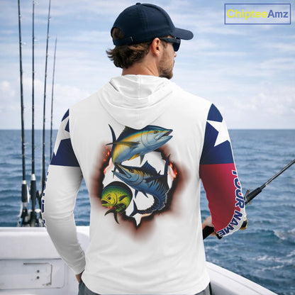 Personalized Texas Flag Mahi Mahi, Wahoo, Tuna Performance Long Sleeve Hooded Fishing Shirts NBT690