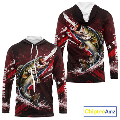 American Flag Fishing Shirt, Bass Long Sleeve Hooded Fishing Shirts, Bass Fishing Tournament Shirts|Red NBT434
