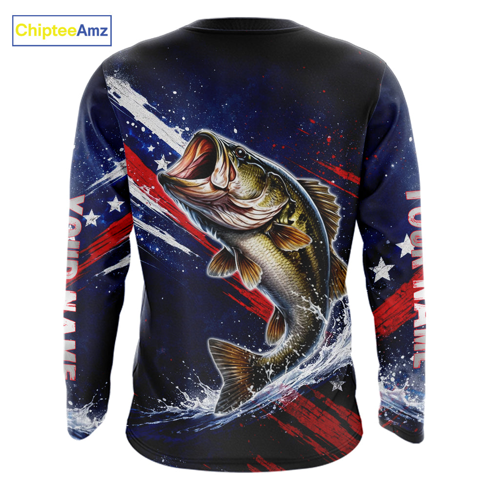 American Flag Fishing Shirt, Bass Fishing Shirts Long Sleeve, Bass Fishing Tournament Shirts| Blue NBT433