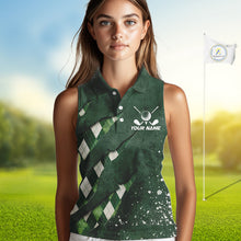 Load image into Gallery viewer, A woman wearing a green argyle pattern sleeveless golf polo shirt with “Your Name” on the chest.