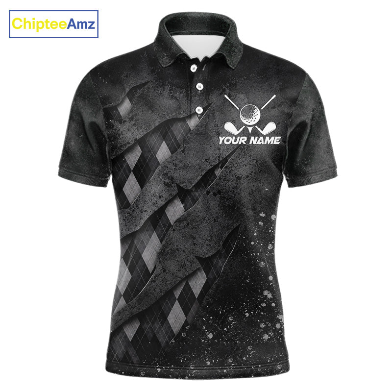 Front views of a gray argyle plaid pattern golf polo shirt, chest name text.
