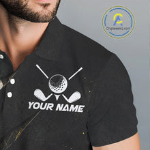 Load image into Gallery viewer, Close-up breathable fabric of black, yellow argyle pattern golf polo shirt with “Team Name” and cross golf clubs on the chest.