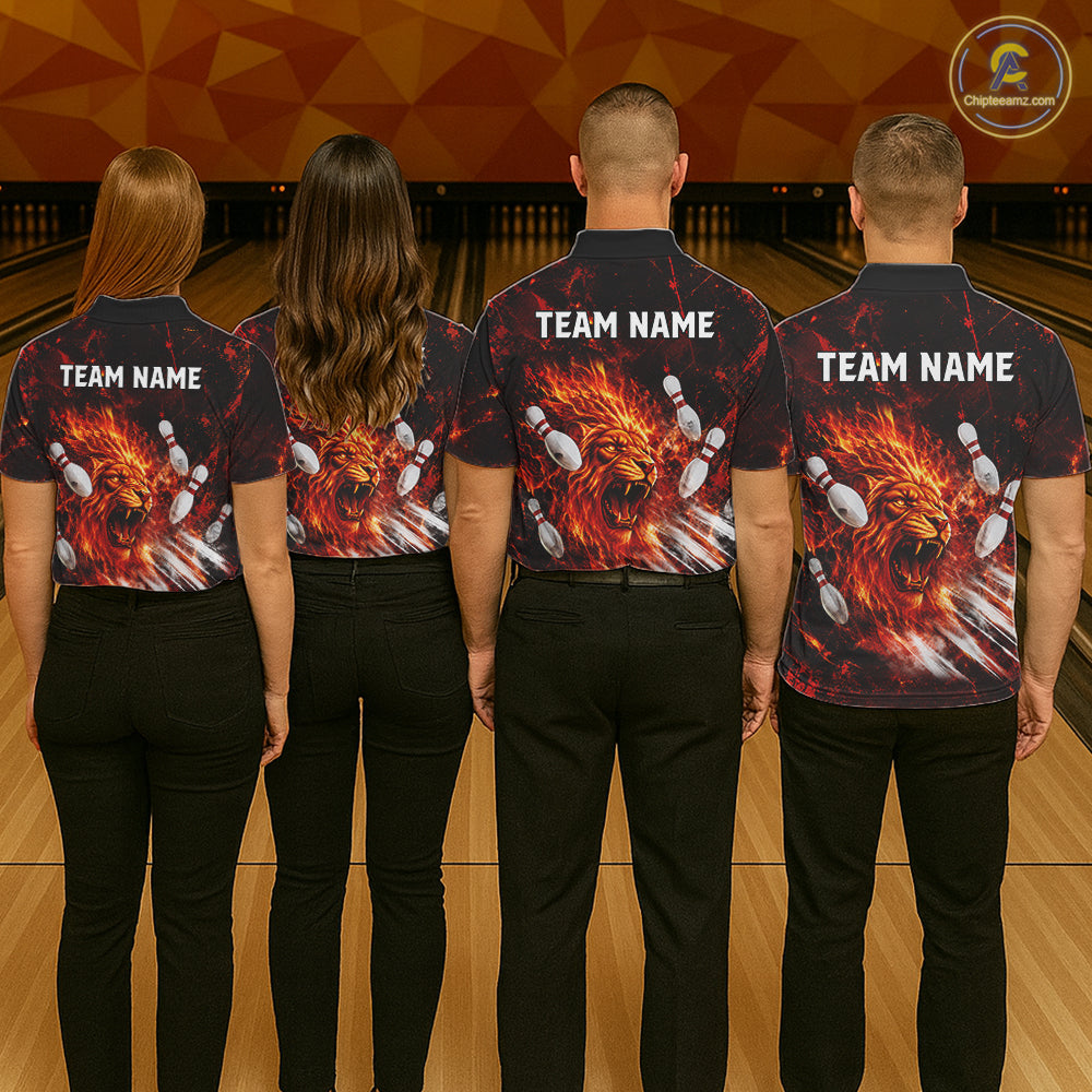 Bowling team wearing matching Red Flame Lion Custom Men Bowling Polo Shirts Bowling League Shirts with custom team name