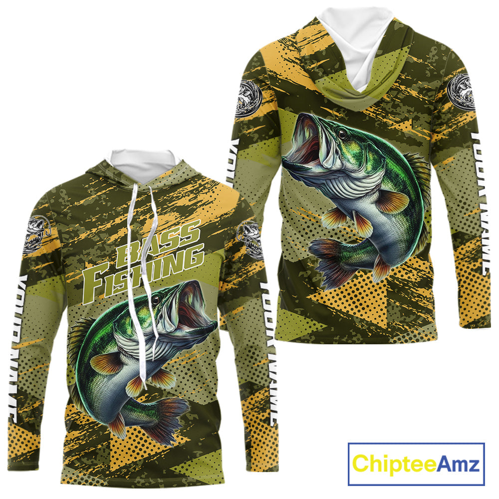 Green Camo Custom Largemouth Bass Fishing Shirts with Hood For Men, Bass Fishing Jerseys NBT438
