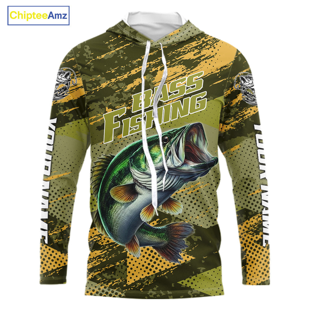 Green Camo Custom Largemouth Bass Fishing Shirts with Hood For Men, Bass Fishing Jerseys NBT438