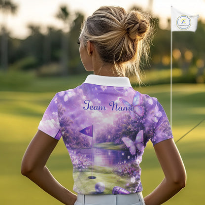 Purple Butterfly Womens Long Sleeve Golf Polo Shirt Custom Name Floral Colorful Golf Shirts NBT557