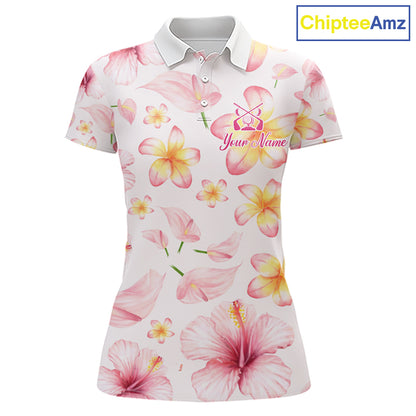 Custom Pink Tropical Flower Funny Flamingo Womens Golf Polo Shirts, Funny Golf Shirts For Ladies NBT565