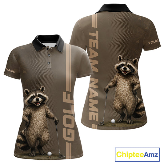 Personalized Funny Brown Raccoon Custom Name Polo Golf Shirt For Womens, Golfer Gifts NBT888