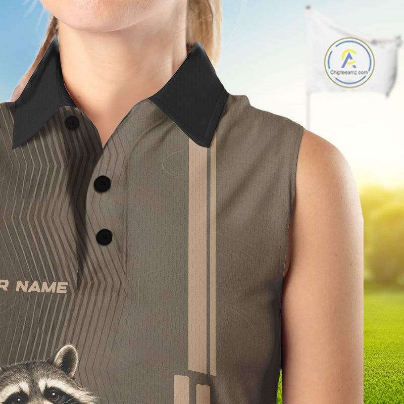 Personalized Funny Brown Raccoon Custom Name Sleeveless Polo Golf Shirt For Womens, Golfer Gifts NBT888
