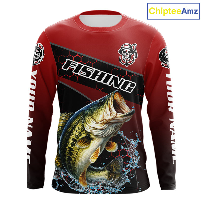 Largemouth Bass Hooded Fishing Shirts Red Camo Custom Name, Bass Fishing Shirts NBT463