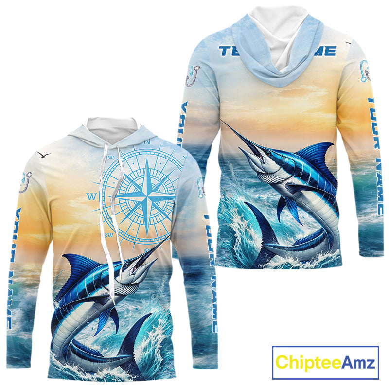 Blue Marlin Fishing Sunset Custom Fishing Long Sleeve Hooded Shirt, Marlin Compass Offshore Fishing Apparel NBT584