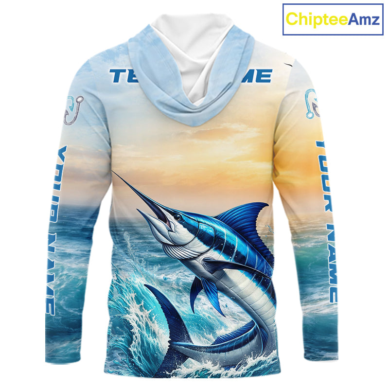 Blue Marlin Fishing Sunset Custom Fishing Long Sleeve Hooded Shirt, Marlin Compass Offshore Fishing Apparel NBT584