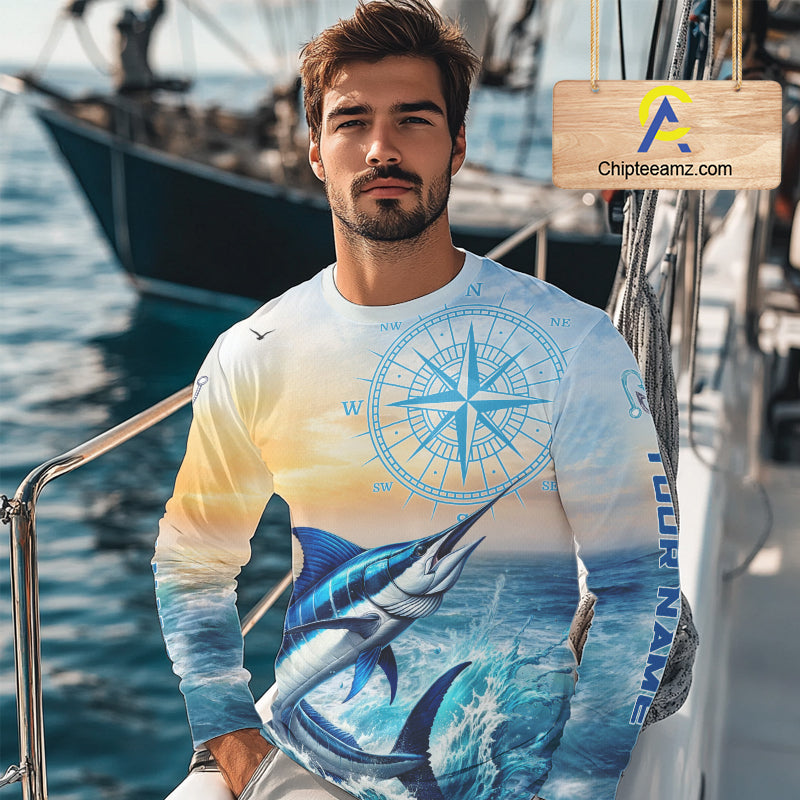 Blue Marlin Fishing Sunset Custom Fishing Long Sleeve Shirt, Marlin Compass Offshore Fishing Apparel NBT584