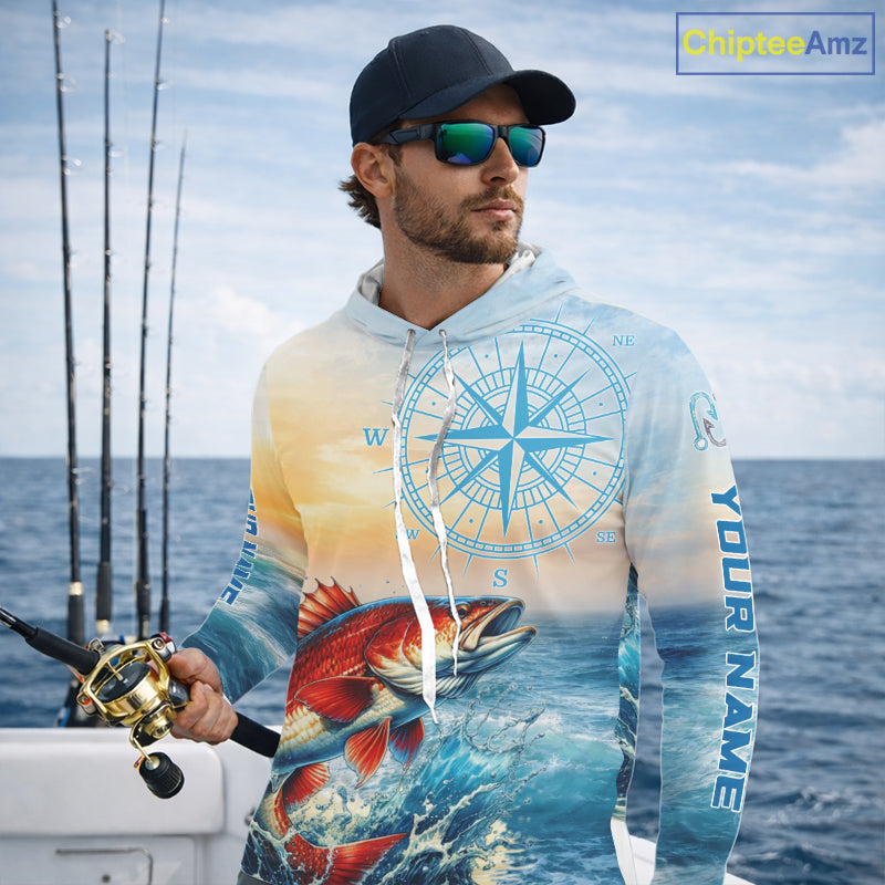 Redfish Fishing Sunset Custom Fishing Long Sleeve Hooded Shirt, Redfish Compass Offshore Fishing Apparel NBT587