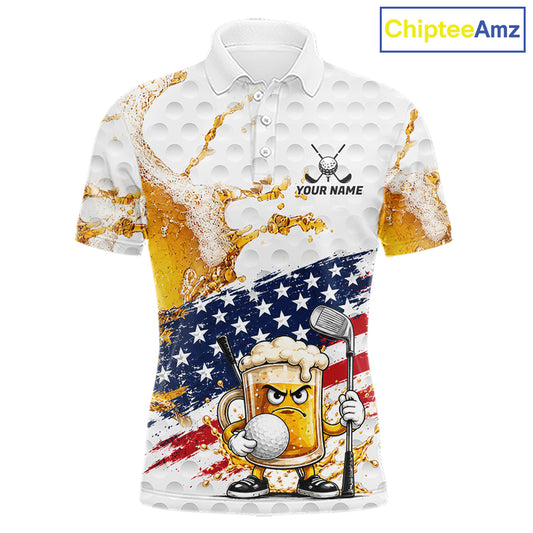 Patriotic Beer Mens Golf Polo Shirt front view - American flag + beer design, breathable fabric, red white blue colors